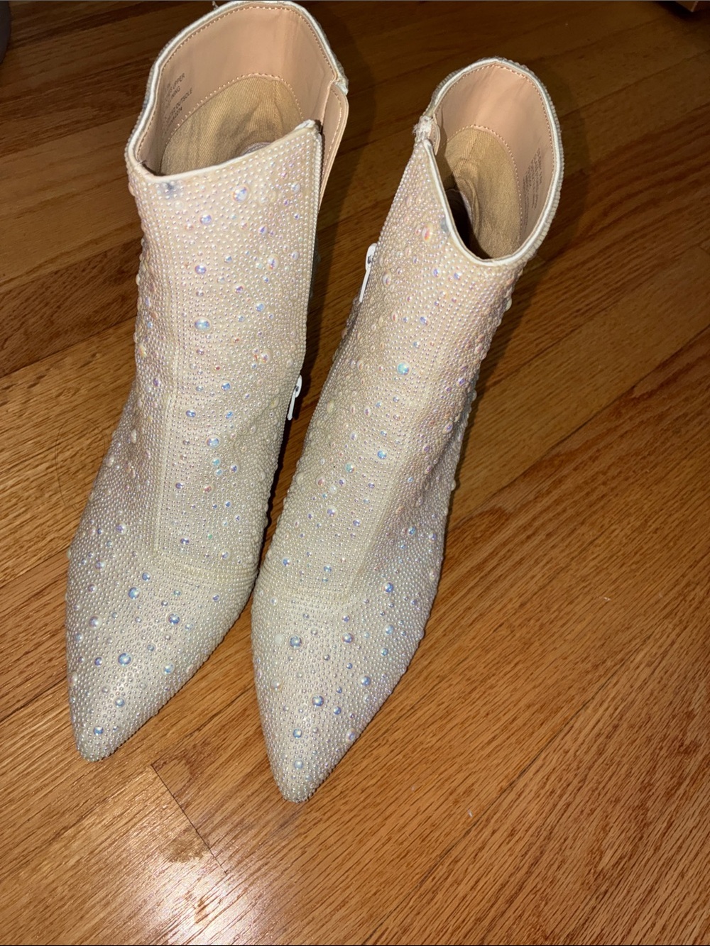 Betsey Johnson Cream Crystal-Embellished Pointed-Toe Ankle Booties